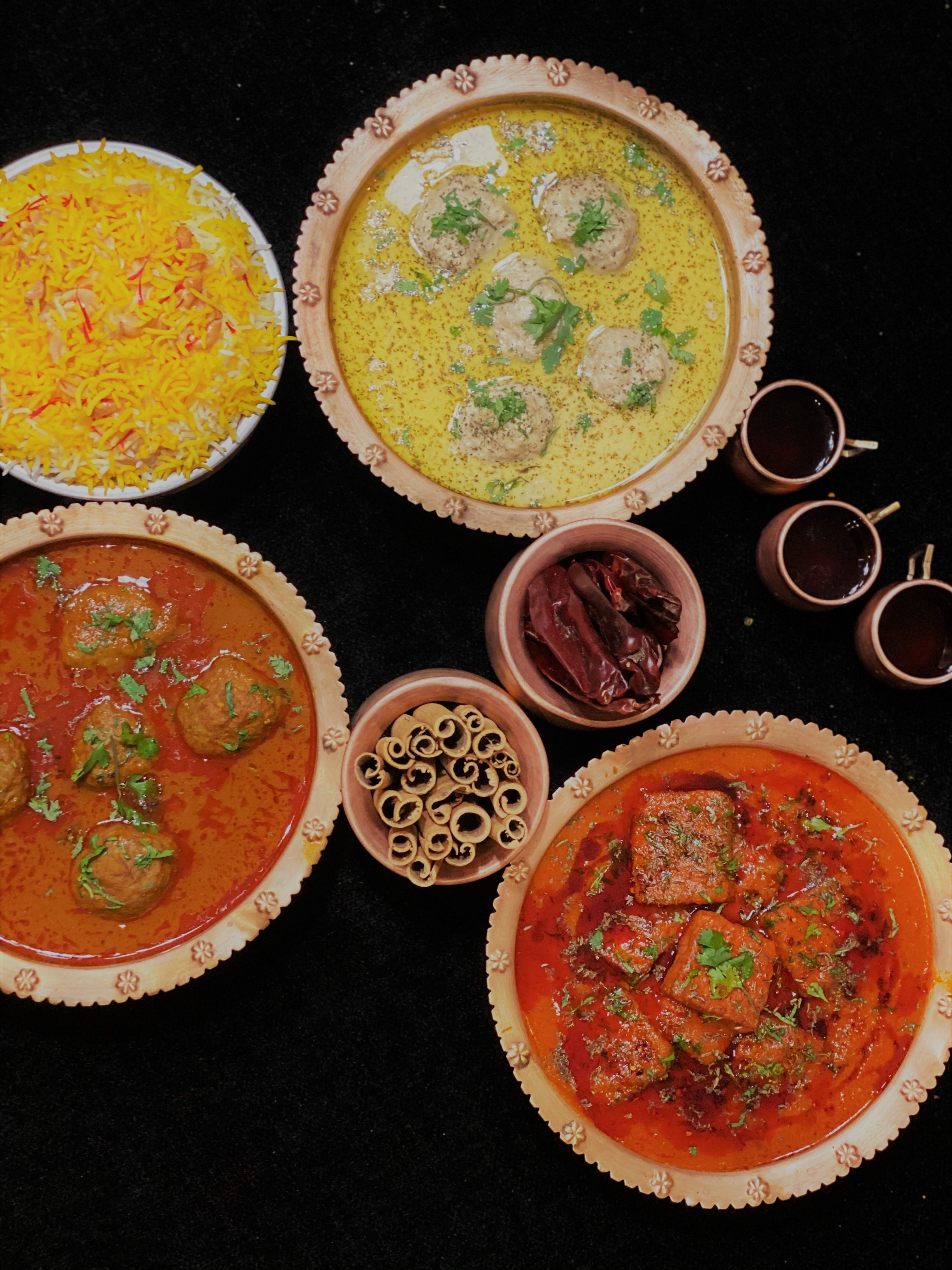 Kashmiri Dishes - Tamatar Chaman, Kashmiri Pulao Ghustaba and Rista