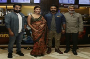 New Delhi: Actors Jr. NTR, Ram Charan, SS Rajamouli and Alia Bhatt during a promotion of their upcoming film 'RRR' at PVR Plaza in New Delhi on Sunday 20, March, 2022. (Photo: Qamar Sibtain/IANS)