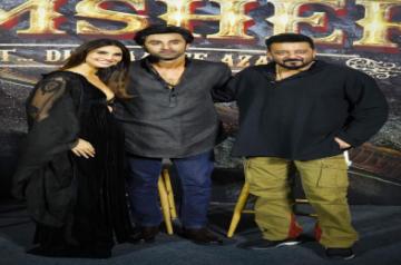 Mumbai:Bollywood Actors Ranbir Kapoor,Sanjay Dutt and Vaani Kapoor during the trailer launch Of their upcoming film Shamshera in Mumbai on Friday June 24,2022.(Photo: Sanjay Tiwari/IANS)