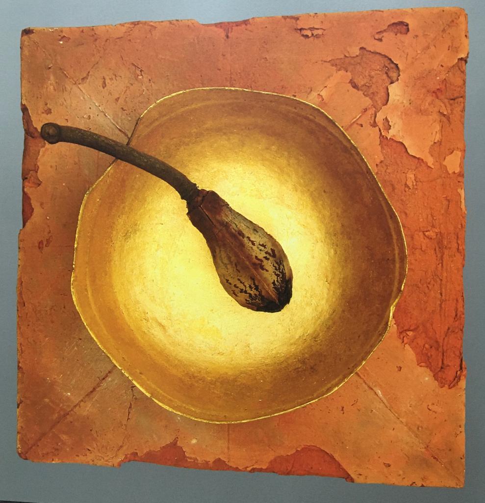 Himmat Shah UNTITLED 1 (top view) terracotta, dried fruit & gold leaf