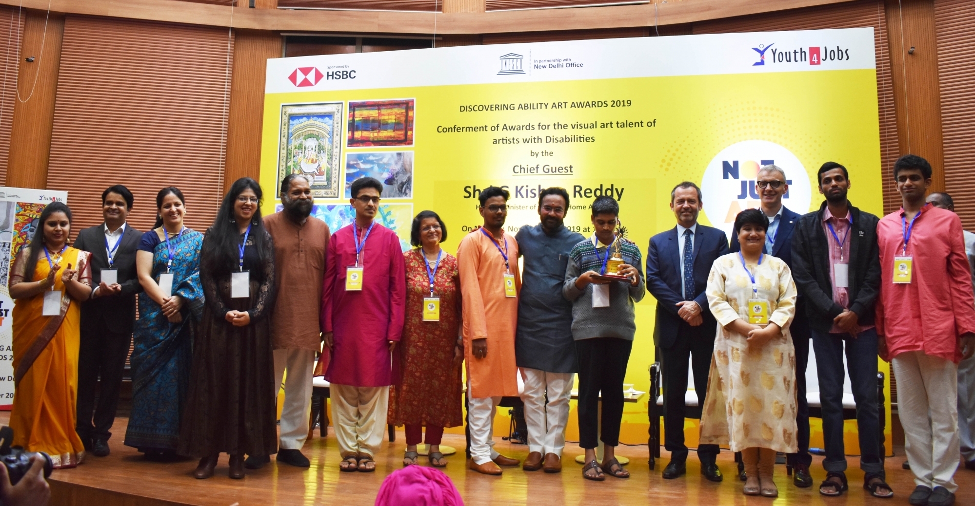 Winners with Chief Guest G. Kishan Reddy at Discovering Ability Art Awards 2019, UNESCO Cluster House, New Delhi