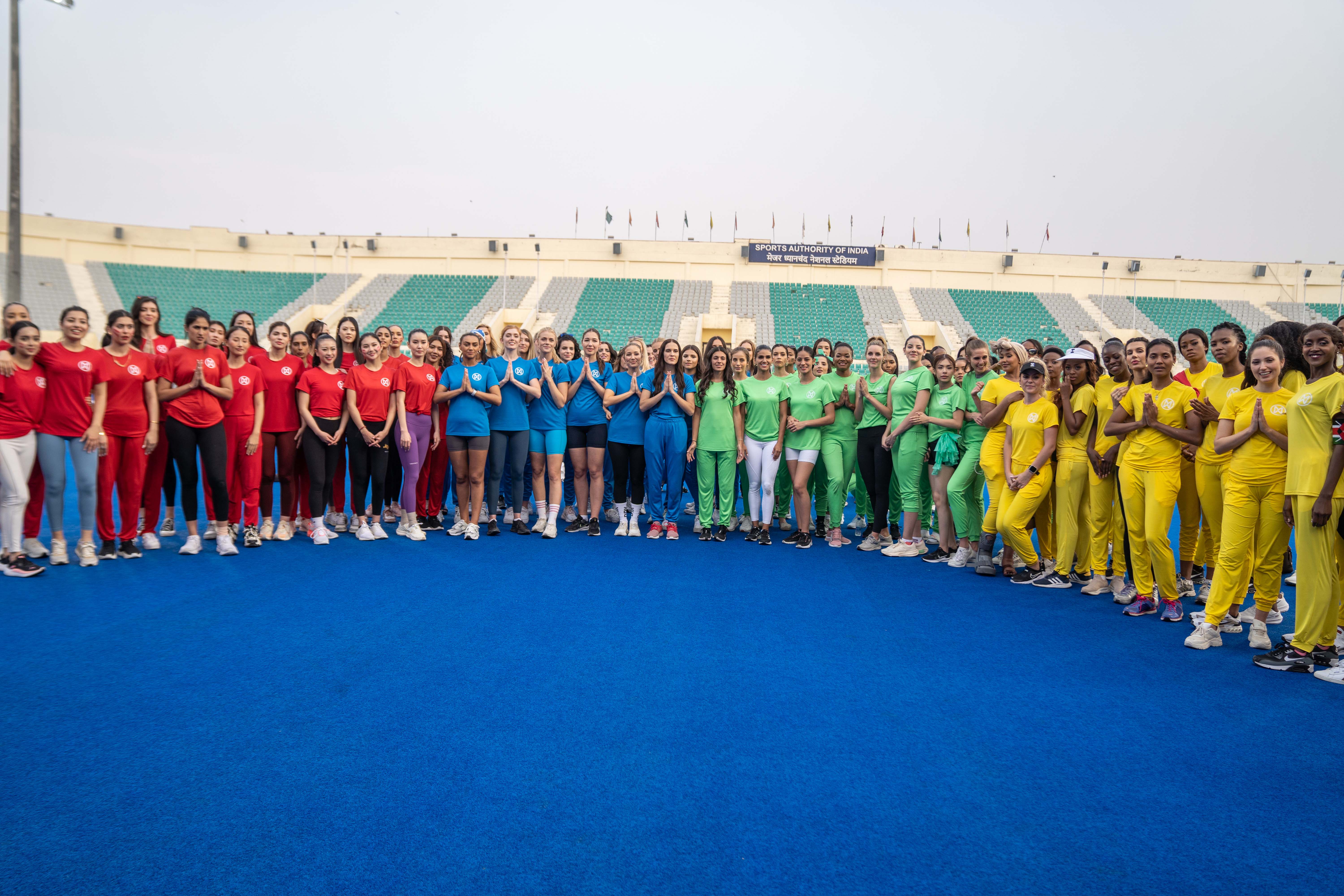 71st Miss World contestants at Major Dhyaan Chand Stadium for Sports Challenge