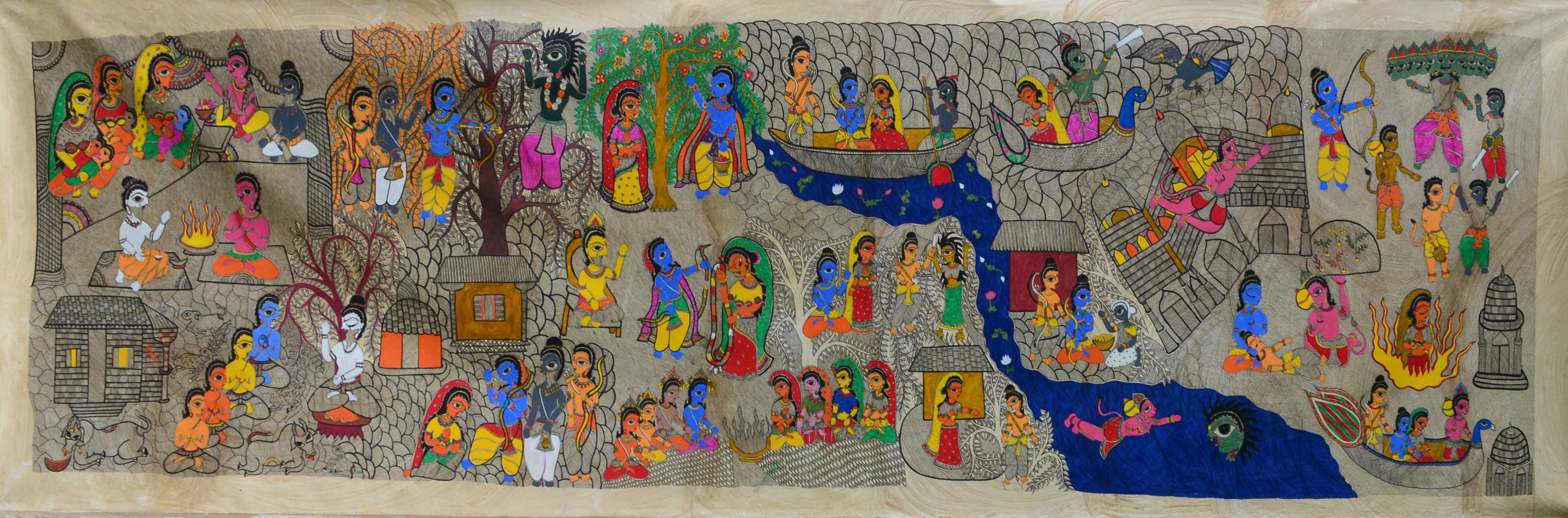 A Kumar Jha,The Story of Ramayan, Ink and Organic Paint on Canvas, 57x185 Inches, 2020