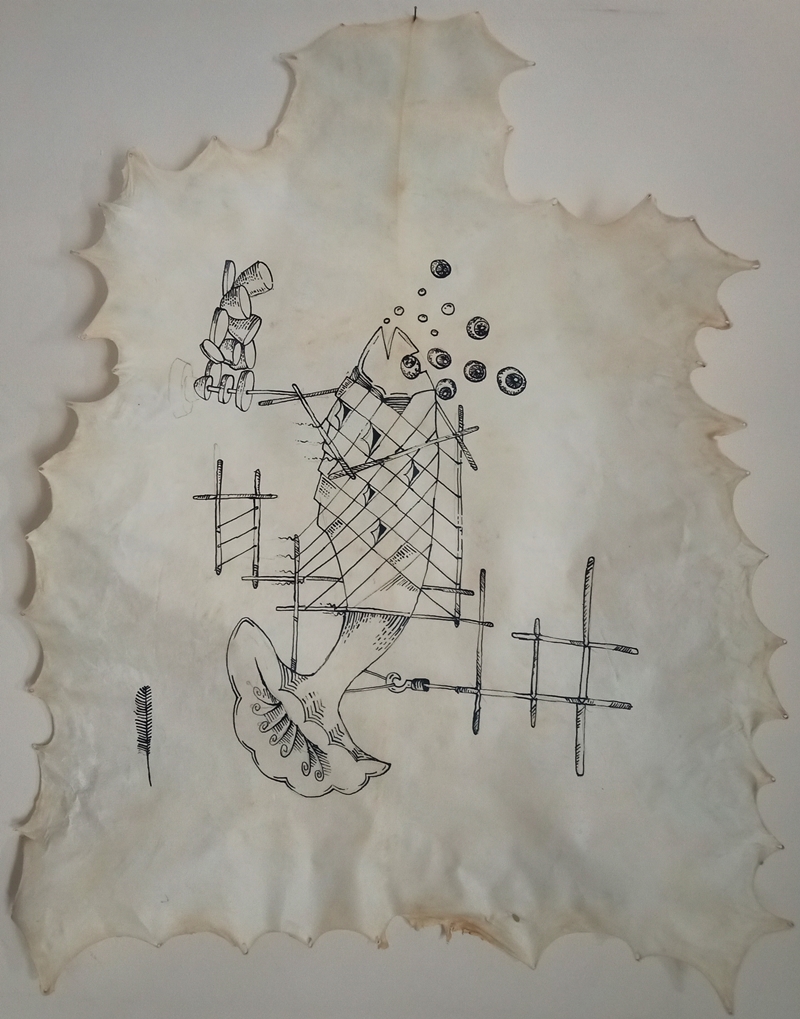 Bhagwati Prasad, Ascent (Begumpura-Ecologies), Ink drawing on goat hide, 122cm x 92 cm, 2020