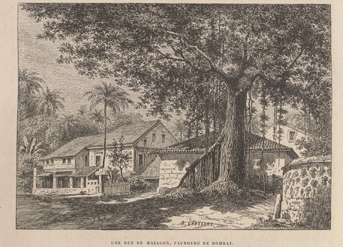 View of Mazagon, in the suburbs of Bombay. Engraving extract from L'Inde des Rajahs, Louis Rousselet (Hachette 1877). Source gallica.bnf.fr