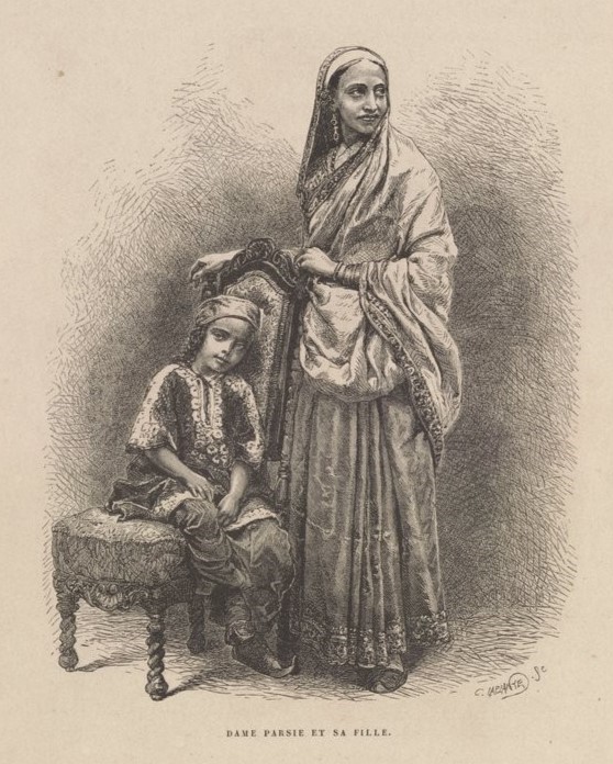 Parsi woman and child. Engraving extract from L'Inde des Rajahs, Louis Rousselet. (Hachette, 1877). Source gallica.bnf.fr