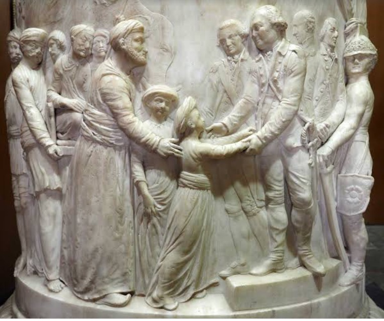 The base of Lord Cornwalis statue, showing Tipu Sultan's two sons being handed over to the British.