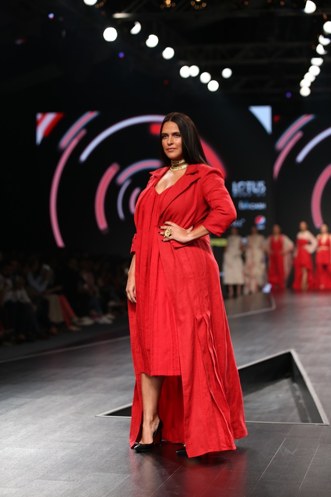 Actress Neha Dhupia walks the ramp showcasing fashion designer Nidhika Shekhar's creations on the third day of Lotus Make-up India Fashion Week, in New Delhi on Oct 11, 2019. (Photo: Amlan Paliwal/IANS)