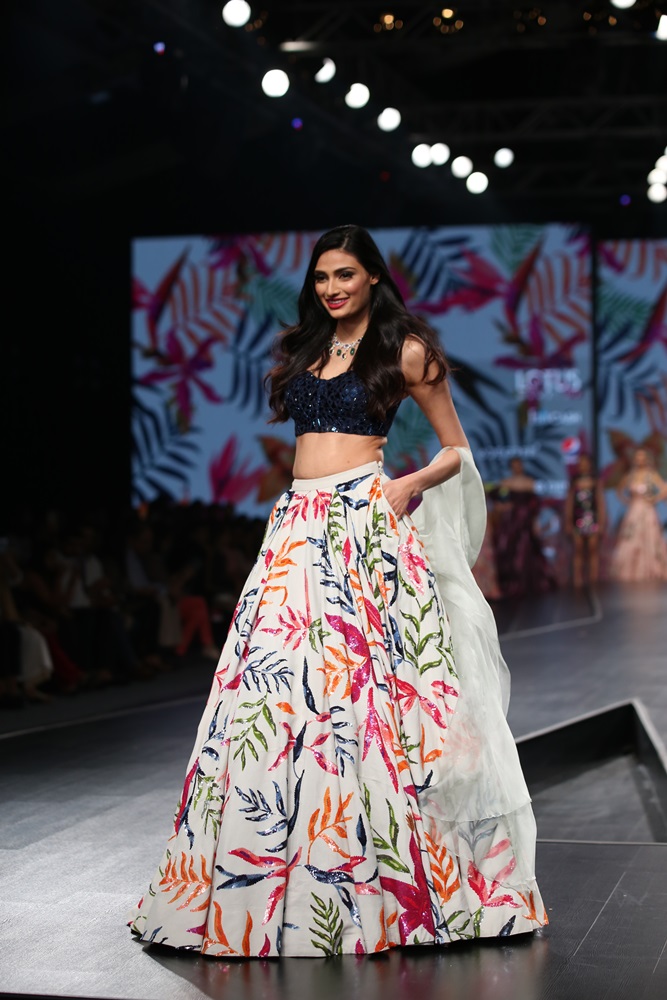 Actress Athiya Shetty walks the ramp showcasing fashion designer Mahima Mahajan's creations on the third day of Lotus Make-up India Fashion Week, in New Delhi on Oct 11, 2019. (Photo: Amlan Paliwal/IANS)