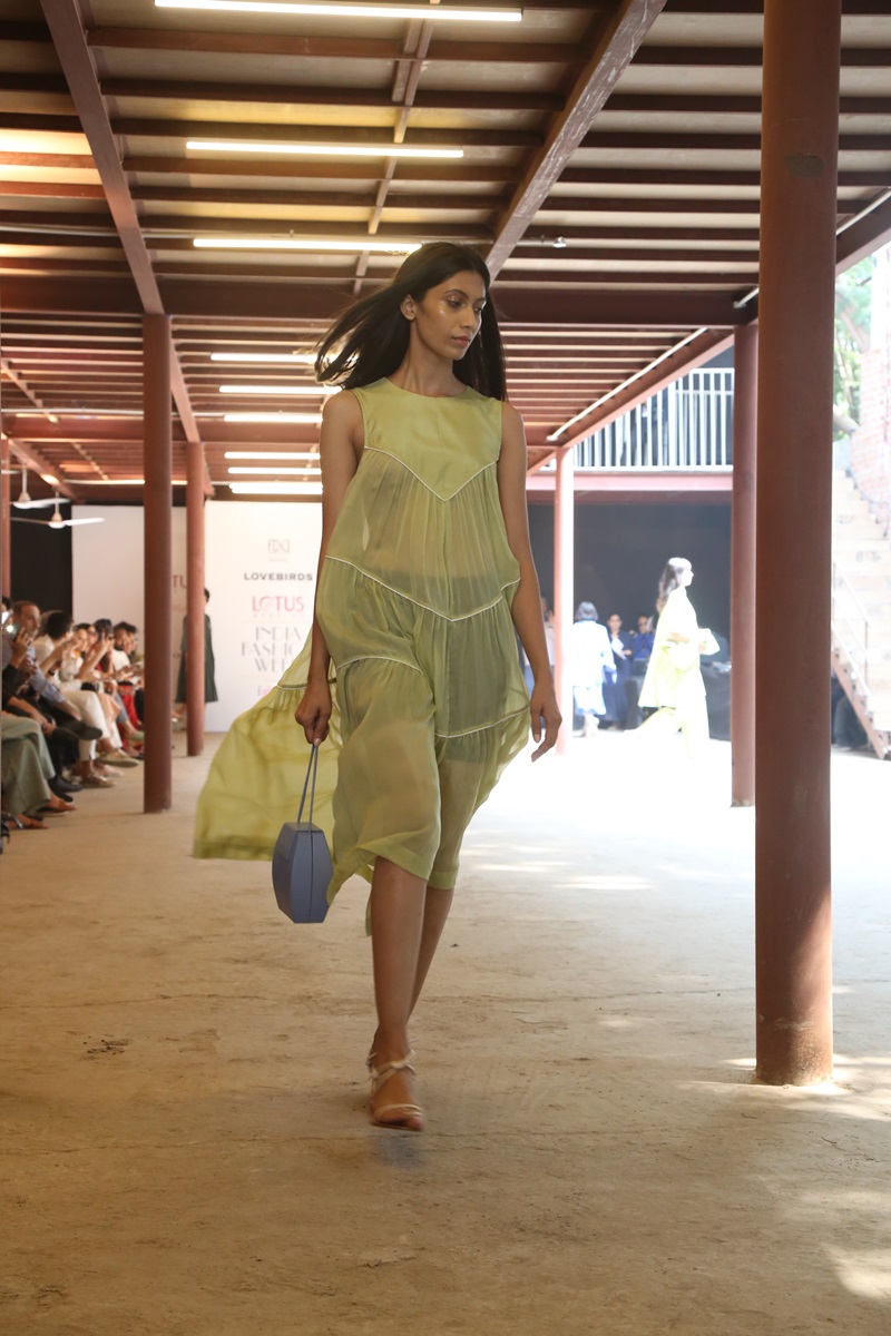 A model showcases the creation of Lovebirds on the fourth day of Lotus Make-up India Fashion Week, in New Delhi on Oct 12, 2019. (Photo: Amlan Paliwal/IANS)  
