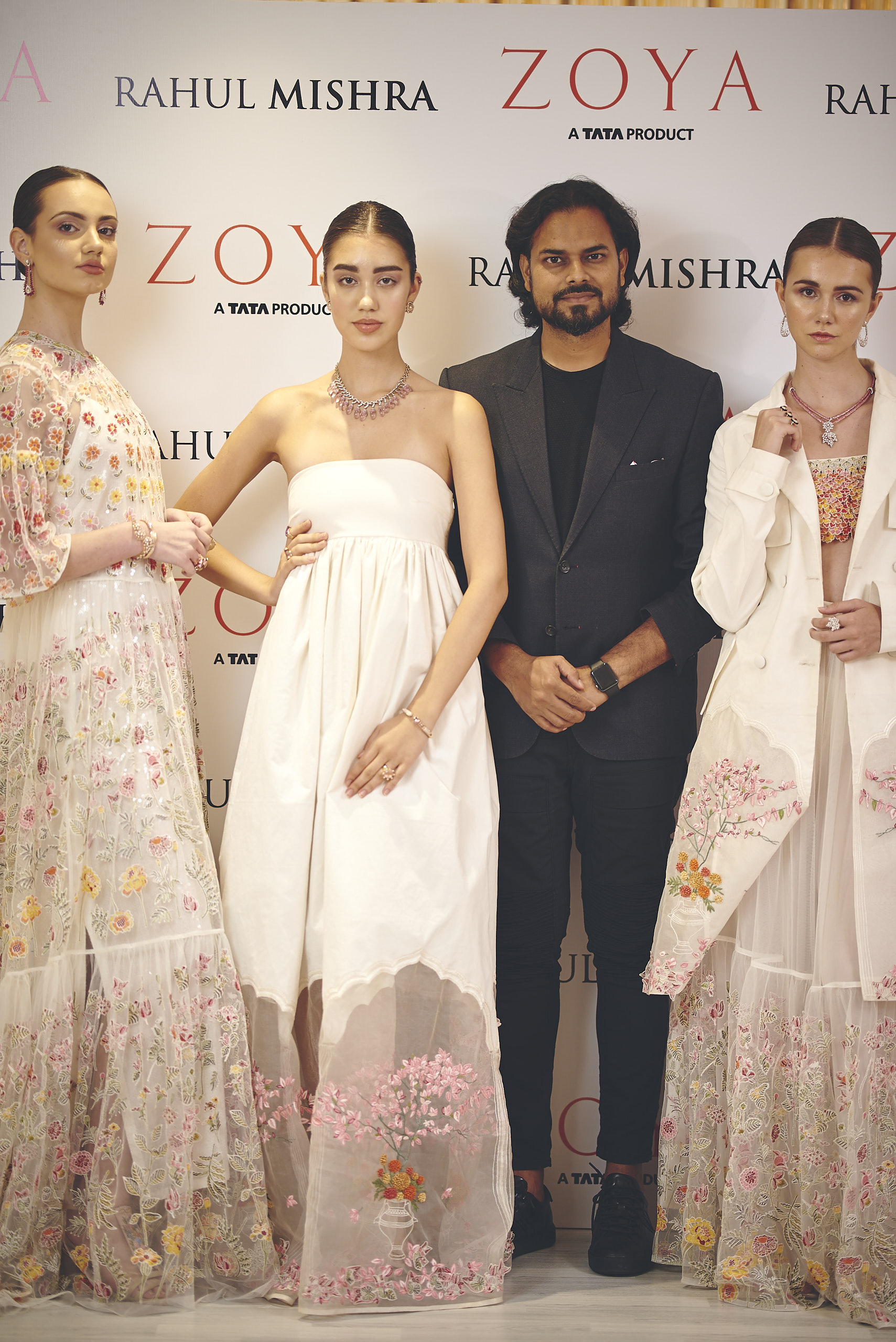 Rahul Mishra with models wearing ZOYA - A Tata Product at the exclusive preview of ZOYA X Rahul Mishra for his Spring Summer 2020 collection
