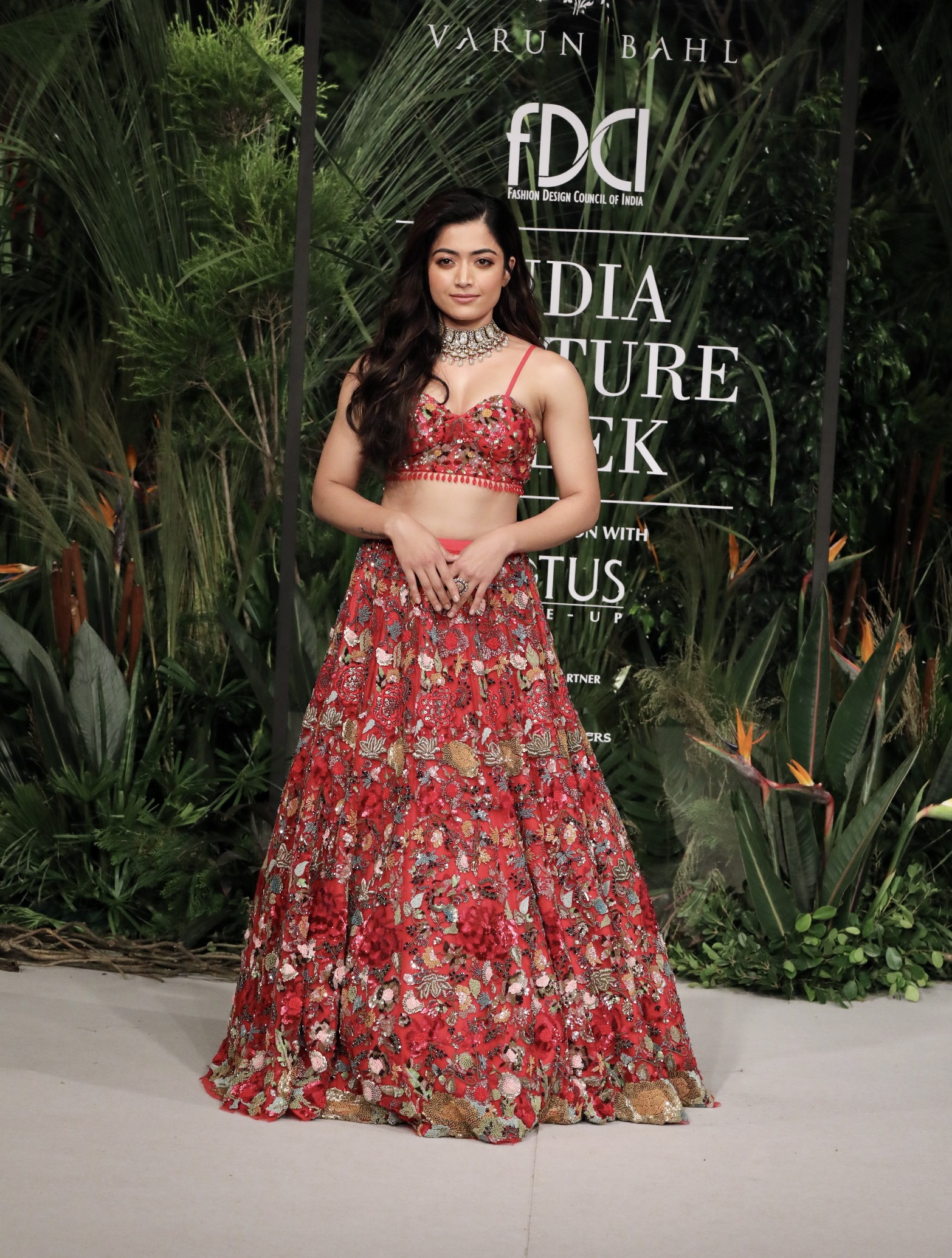 Actress Rashmika Mandanna walked for designer Varun’s Bahl in an embellished red lehenga.