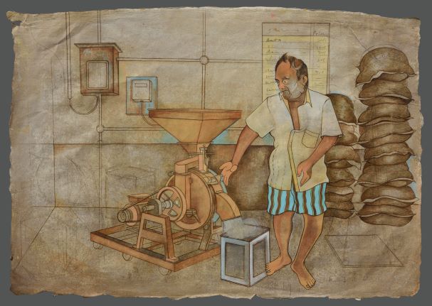 Roshan Chabbria, Man become a white in a flour mill, Colour pencil and watercolour on Wasli Paper, 16 x 22 inches, 2022