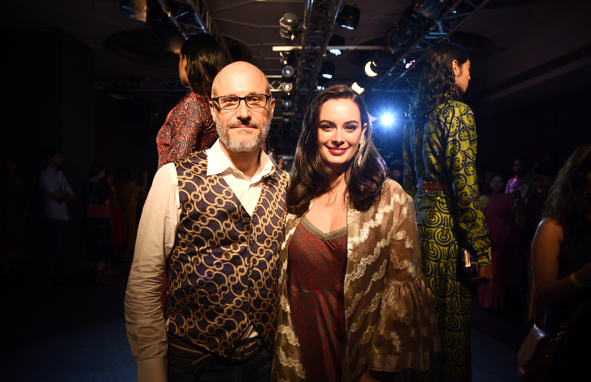 STEFANO FUNARI WINNER OF CIRCULAR DESIGN CHALLENGE STEFANO FUNARI WITH EVELYN SHARMA at LFW WF 19