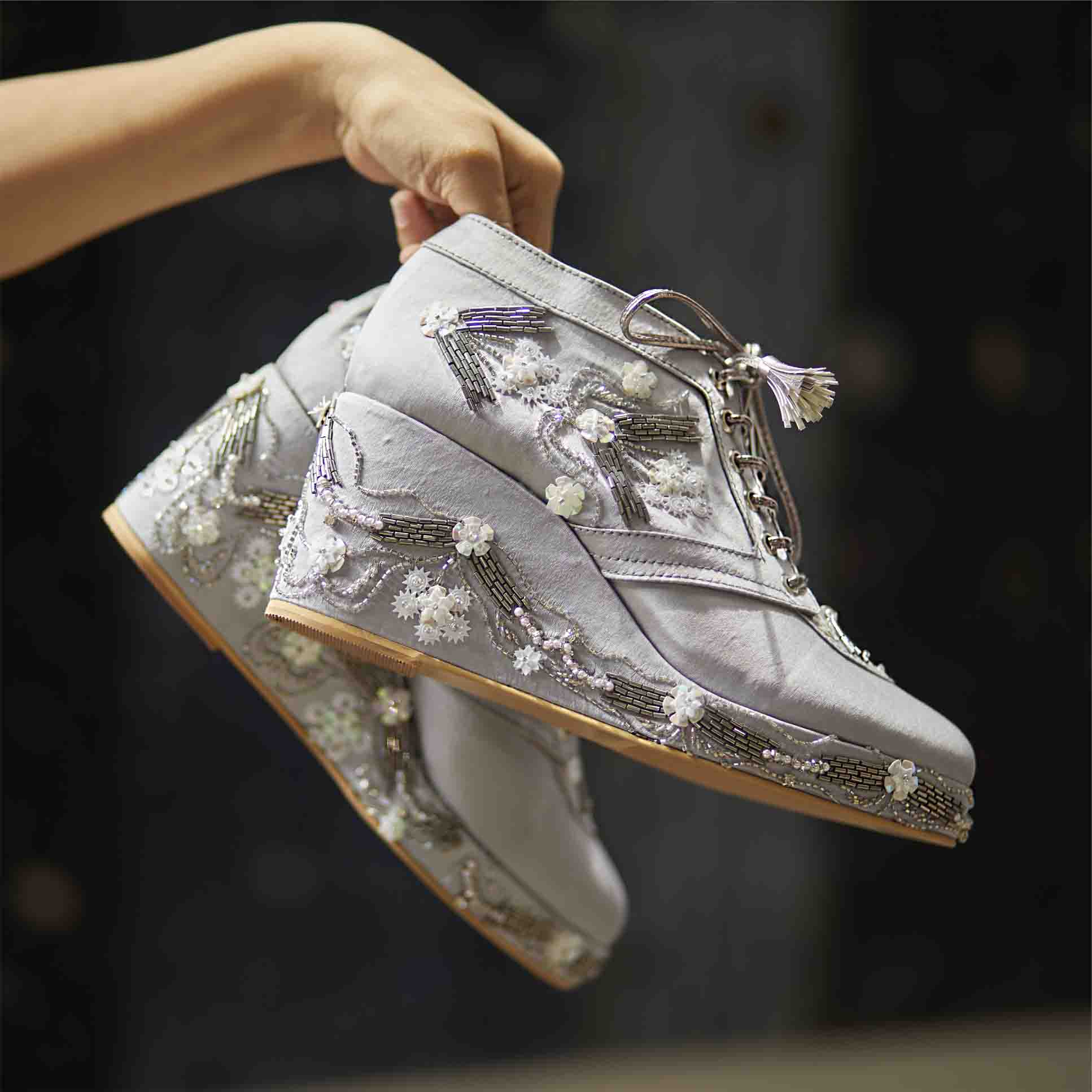 Tiesta's Silver Satin Embroidered Bridal Sneaker Wedges 