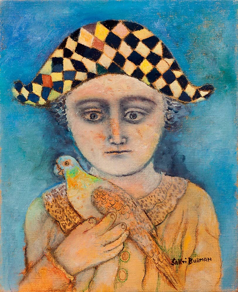 Sakti Burman Boy with a Parrot  10.8 x 8.5 inches Oil on Canvas 2015