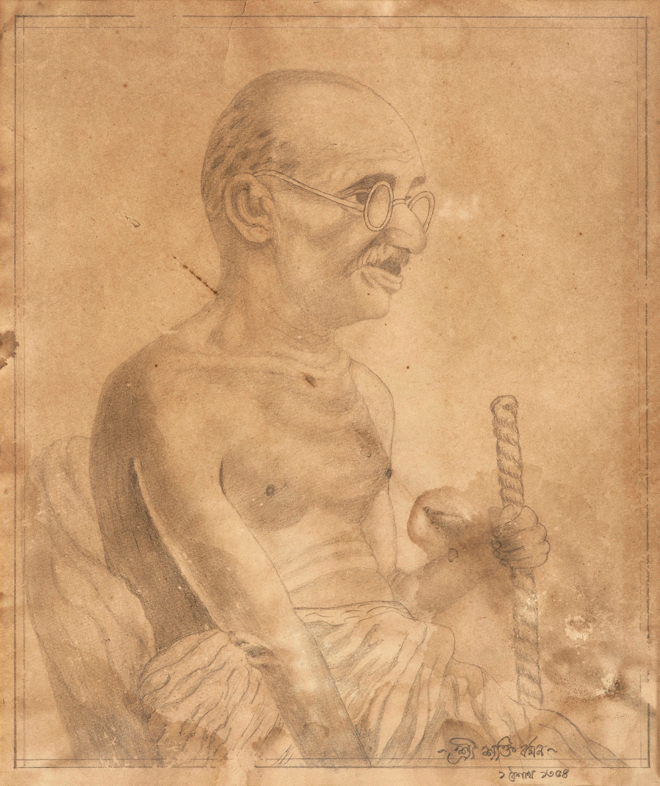 Sakti Burman, Gandhi, Drawing, 37 x 31 Cms, 1940 copy (Custom)