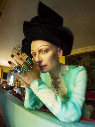 Tilda Swinton. Fashion Gucci, Marc Jacobs, jewellery Lisa Eisner Jewelry, Vela, Uno de 50, A. Brandt and Son. Renishaw Hall, Derbyshire, 2018. Tim Walker Studio