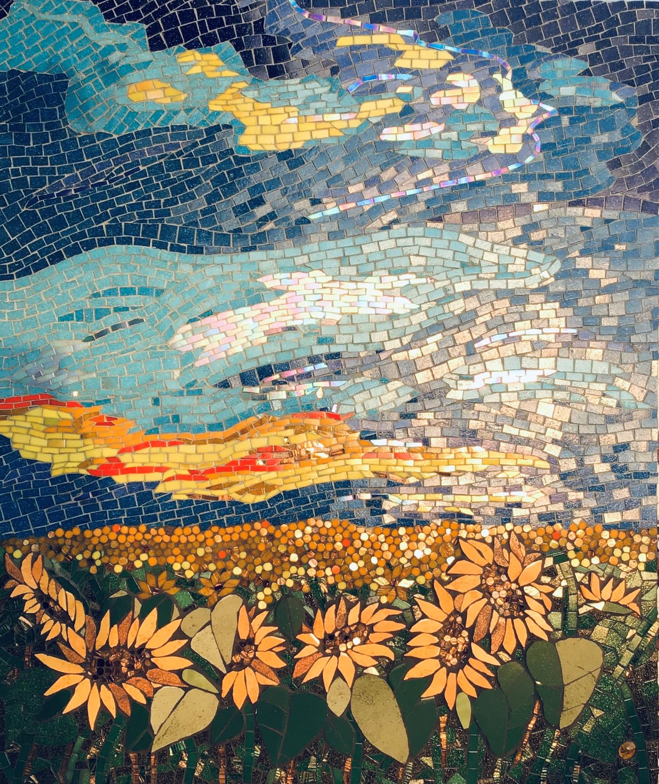 Kanika Singh, Filling in the Blues with Sunshine, Mosaic in glass and ceramic tiles 30x36 inches, April 2020