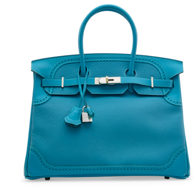 A limited edition turquoise togo & swift leather Ghillies Birkin 35 with palladium hardware, Hermès, 2014.  Estimate: €5,000-7,000. Offered in Inside the Orange Box: Part III, 13-28 June 2023 at Christie’s Online