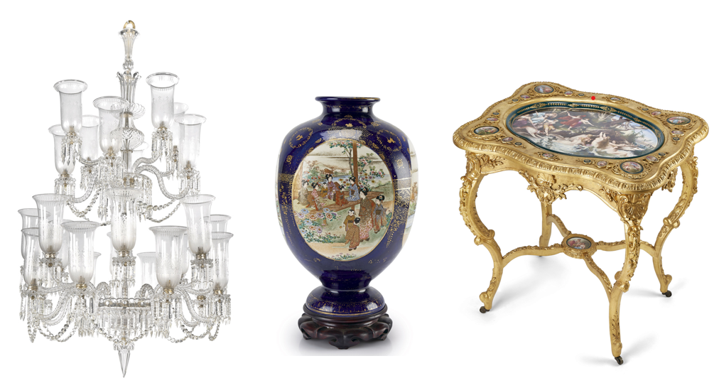 (L-R) A Magnificent 24-Light Three-Tiered Crystal Chandelier by F & C Osler, circa 1880;    A Japanese Kinkozan Satsuma Vase, circa Meiji Period or Late 19th century;      A Magnificent and Rare Royal Vienna Porcelain Mounted Gilt Table, Austria, circa 1870;