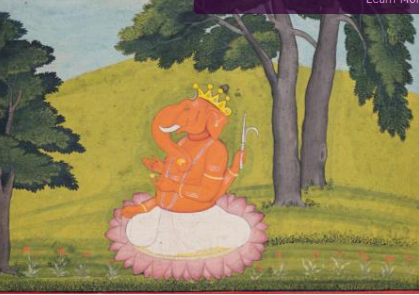 The painting from Guler depicts the Lord Ganesha seated on a lotus flower. 