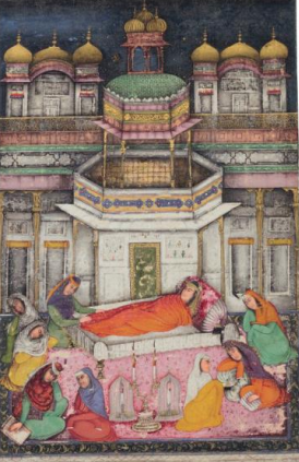 Zulaikha is depicted on a bed in the center of her bedchamber.