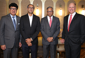 (L to R) Mr. Puneet Chhatwal, MD& CEO, IHCL Mr. Vinod Kannan, CEO, Vistara, Mr. N. Chandrasekaran, Chairman, Tata Sons and Mr. Campbell Wilson, CEO & MD, Air India