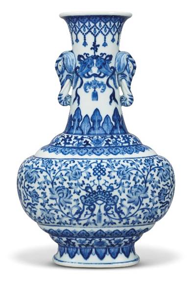 An Extremely Rare Blue And White ‘Elephant Handle’ Vase Qianlong Six-character Seal Mark In Underglaze Blue And Of The Period (1736-1795) 12.1/8 In. (30.8 Cm.) High