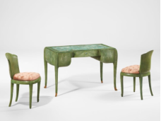ANDRÉ GROULT (1884-1967) IMPORTANT DESK AND TWO CHAIRS, CIRCA 1925  desk: shagreen, mahogany, amazonite, polished bronze  chairs: shagreen, mahogany, silk upholstery  desk: 29 3⁄4 x 45 1⁄2 x 27 in.  each chair: 31 3⁄4 x 19 x 19 3⁄4 in.  $500,000-700,000