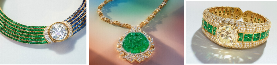 (L-R): Lot 76 Bulgari-a diamond, sapphire and emerald necklace | Lot 253 Harry Winston-The Great Mughal emerald and diamond necklace | Lot 74 Bulgari-coloured diamond and emerald bracelet – all estimates on request