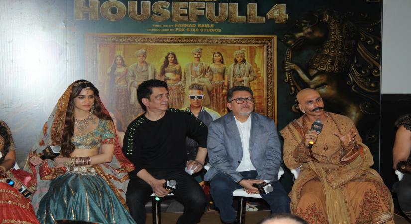 Mumbai: Producer Sajid Nadiadwala with actors Kriti Sanon and Akshay Kumar at the trailer launch of their upcoming film "Housefull 4" in Mumbai on Sep 27, 2019. (Photo: IANS)