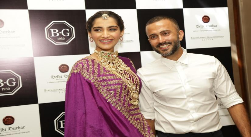 New Delhi: Actress Sonam Kapoor Ahuja along with her husband Anand Ahuja at jewellery collection show, in New Delhi on 8 Sept. 2018. (Photo: Amlan Paliwal/IANS)