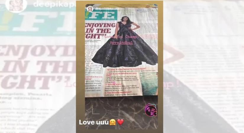 Actress Deepika Padukone has all the love for "champ" PV Sindhu, who had recently called her a "very talented and a beautiful actor". In a recent interview, the star shuttler praised Deepika by calling her a very talented and beautiful actor. The "Om Shanti Om" star took to Instagram to post a photo of the interview and wrote: "Love you champ."