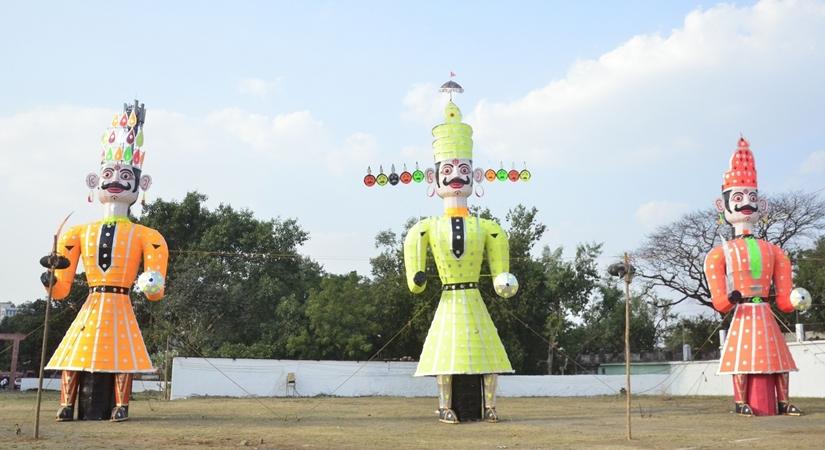 Effigies of Ravana, Meghnad and Kumbhakarna seen erected at Dussehra Ground on the eve of the festival, in Bhopal (Photo: IANS)