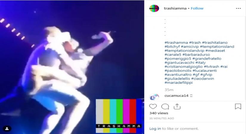 Lady Gaga suffered a nasty fall during a concert here after a fan with whom she was dancing with slipped off the stage -- taking the singer along.