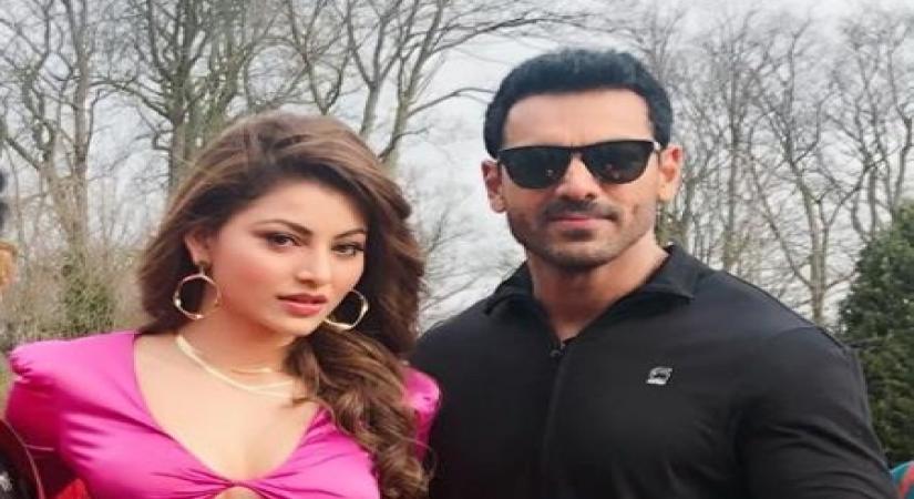 Actors Urvashi Rautela and John Abraham during the shooting of their song Pagalpanti.
