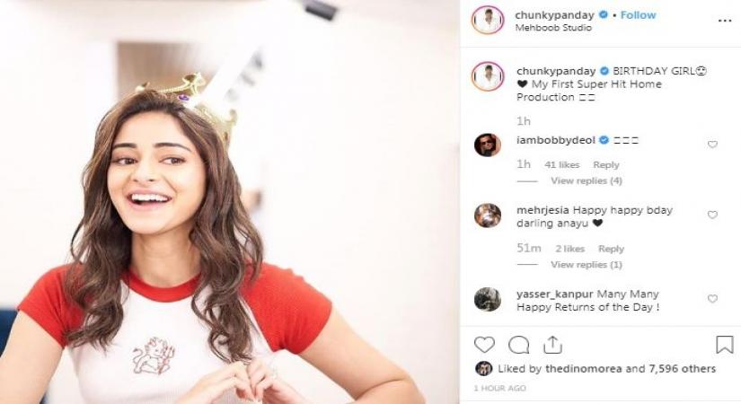 Actress Ananya Panday turned 21 on Wednesday, and her father Chunky Panday posted a cute wish for her, saying she is "his  first superhit home production". "Birthday girl. My first superhit home production," Chunky wrote on Instagram. Along with it, he posted a photograph in which Ananya is seen posing, wearing a birthday crown.