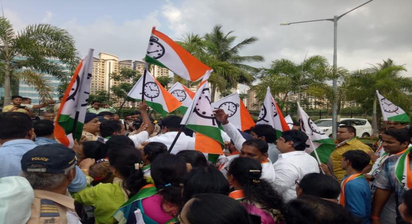 Mumbai: NCP workers stage a demonstration against Sony TV and actor and television show Ã¢ÂÂKaun Banega CrorepatiÃ¢ÂÂ host Amitabh Bachchan after a question asked on the show referred Maratha warrior ruler Chhatrapati Shivaji Maharaj as Shivaji; in Mumbai on Nov 8, 2019. However, Sony TV -- which airs the show -- came out to publicly admit the mistake after #Boycott_KBC_SonyTv started trending on social media. (Photo: IANS)