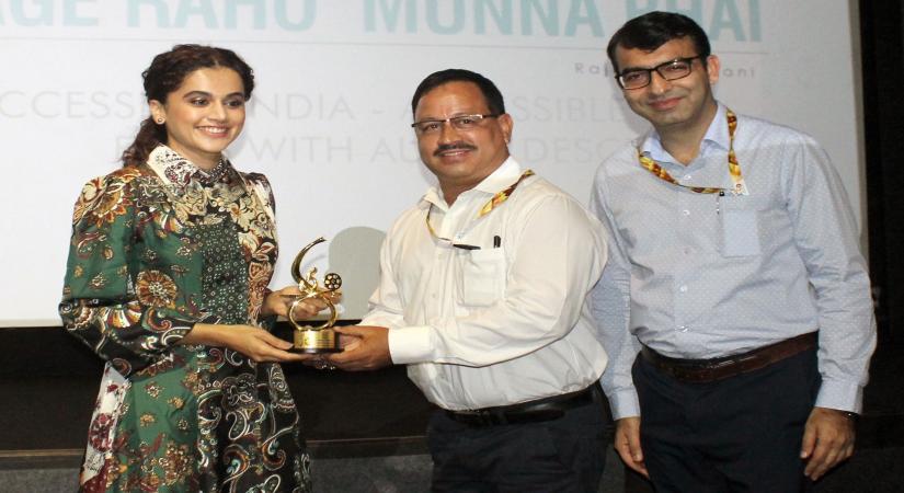 Panaji: Actress Taapsee Pannu being felicitated at the inauguration of Accessible films, during the 50th International Film Festival of India (IFFI-2019) in Panaji, Goa on Nov 23, 2019. (Photo: IANS/PIB)