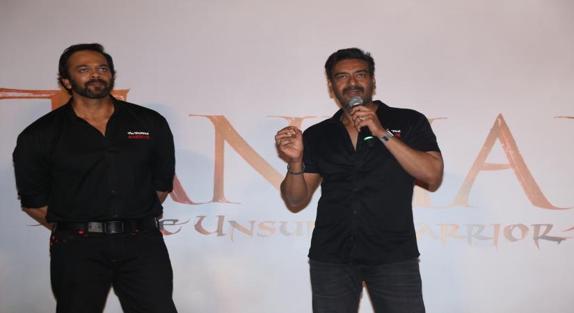 Mumbai: Actor Ajay Devgn accompanied by filmmaker Rohit Shetty, addresses at the trailer launch of his upcoming film "Tanhaji" in Mumbai on Nov 19, 2019. (Photo: IANS)
