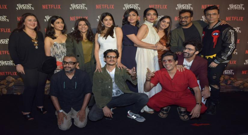 Mumbai: Directors Karan Johar, Zoya Akhtar, Anurag Kashyap and Dibakar Banerjee with actors Janhvi Kapoor, Mrunal Thakur, Avinash Tiwary, Raghuvir Yadav, Sobhita Dhulipala, Vijay Varma and Pavail Gulati at the screening of their upcoming Netflix film "Ghost Stories" in Mumbai on Dec 23, 2019. (Photo: IANS)