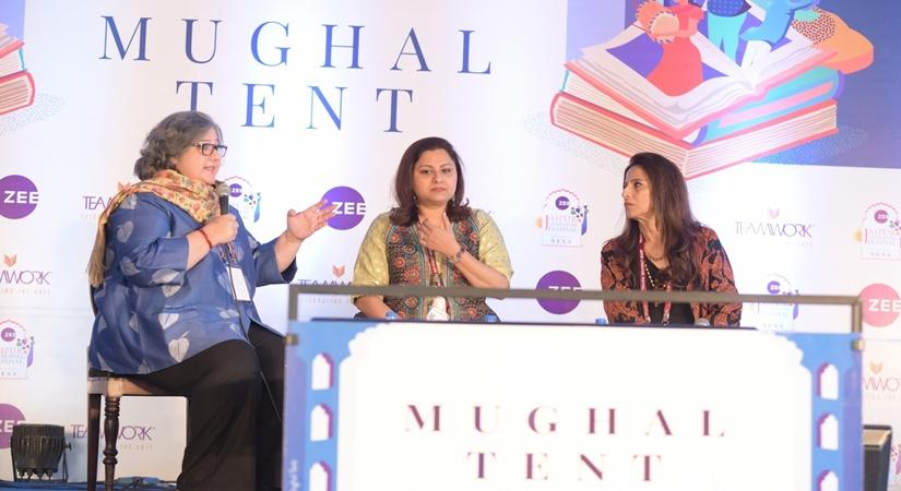 Senior journalist and author Kaveree Bamzai and actor Vani Tripathi in a conversation with Columnist Shobhaa De at the inaugural session of the 13th annual edition of the Zee Jaipur Literature Festival at Diggi Palace, on Jan 23, 2020. (Photo: IANS)
