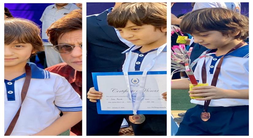 A proud father Shah Rukh Khan shared photographs of his youngest son AbRam, whom the superstar fondly called his "gold medal", after he won races. SRK on Friday took to Twitter, where he shared a photo collage of AbRam along with the medals and and certificates.