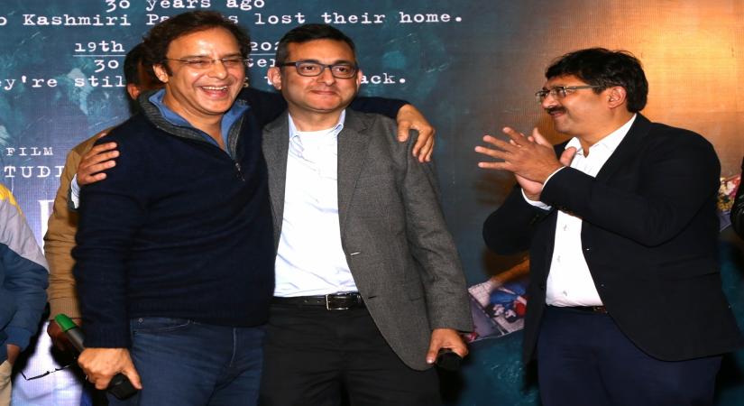 New Delhi: Director Vidhu Vinod Chopra with author Rahul Pandita and screenwriter Abhijat Joshi during the special screening of his upcoming feature film "Shikara - The Untold Story of Kashmiri Pandits" in New Delhi mon Jan 19, 2020. (Photo: Amlan Paliwal/IANS)