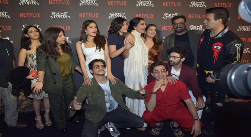 Mumbai: Directors Karan Johar, Zoya Akhtar, Anurag Kashyap and Dibakar Banerjee with actors Janhvi Kapoor, Mrunal Thakur, Avinash Tiwary, Raghuvir Yadav, Sobhita Dhulipala, Vijay Varma and Pavail Gulati at the screening of their upcoming Netflix film "Ghost Stories" in Mumbai on Dec 23, 2019. (Photo: IANS)