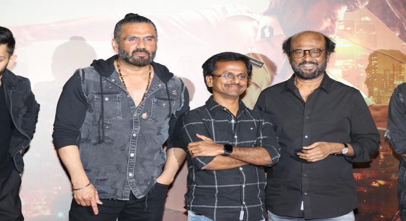 Mumbai: Director A.R. Murugadoss and actors Rajinikanth and Sunil Shetty at the trailer launch of their upcoming film "Darbar" in Mumbai on Dec 16, 2019. (Photo: IANS)
