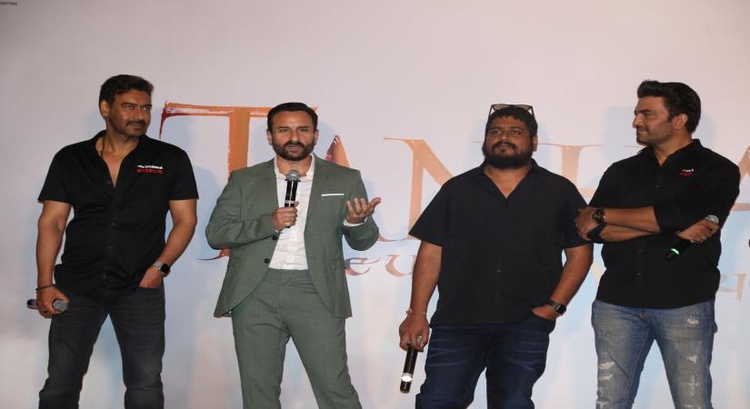 Mumbai: Director Om Raut and actors Ajay Devgn, Saif Ali Khan and Sharad Kelkar at the trailer launch of their upcoming film "Tanhaji" in Mumbai on Nov 19, 2019. (Photo: IANS)