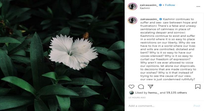 "Dangal" famed Zaira Wasim has penned an emotional note on social media talking about the plight of Kashmir and Kashmiris. She says "Kashmir continues to suffer". Zaira on Monday night took to Instagram, where she shared a photograph of a flower and wrote a long emotional post.