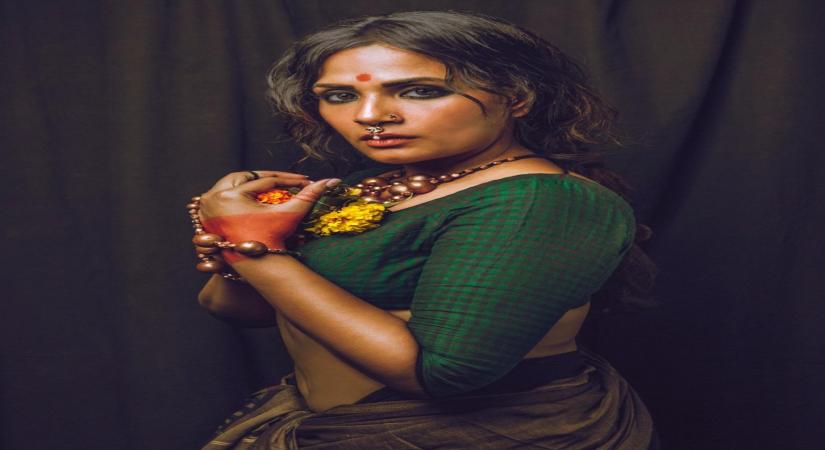 Actress Richa Chadha, who is currently prepping for her new movie, has shared her first look from the project. With  dark kohl-rimmed eyes and a red bindi on her forehead, teaming up her look in  a silk cotton sari, Richa cuts an intriguing picture. She is also seen wearing rustic jewellery.